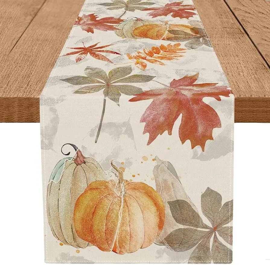 

Autumn Pumpkin Maple Leaf Watercolor Retro Table Flag Thanksgiving Harvest Home Kitchen Dining Party Decorations Washable