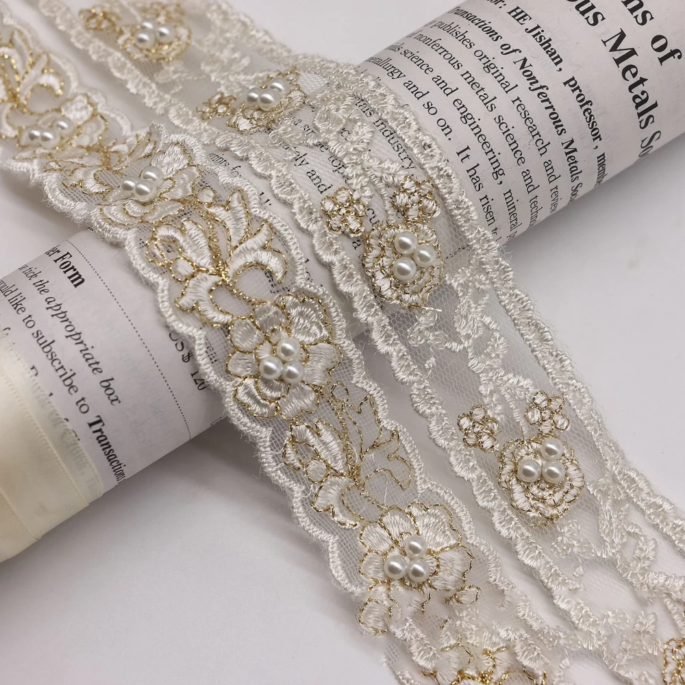

Ethnic Style Beaded Lace Trim With Golden Silk Embroidery Hand-Sewn And Highlighted Pearl Lace Clothing Accessories For Diy