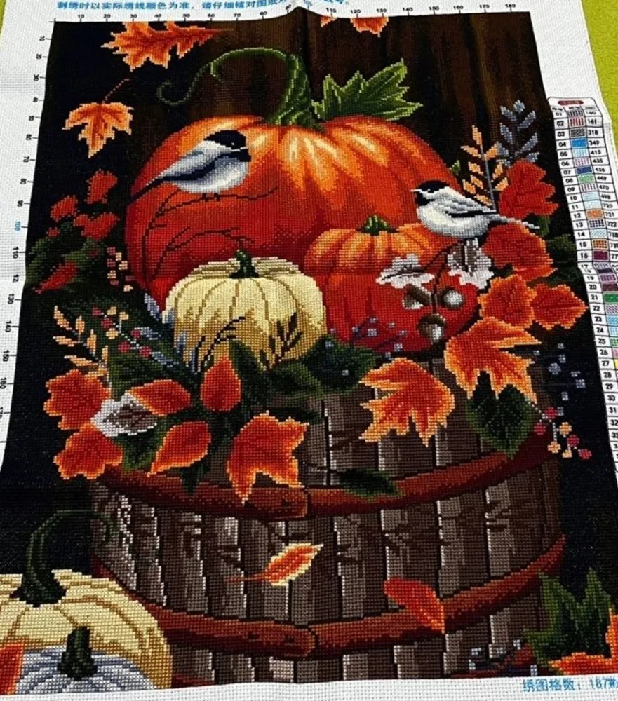 (Prodotto Finito) Piatto Verticale Per Uccelli Di Zucca Finito A Punto Croce Fatto A Mano Puro Corridoio Ricamato Completo 50*70 Cm