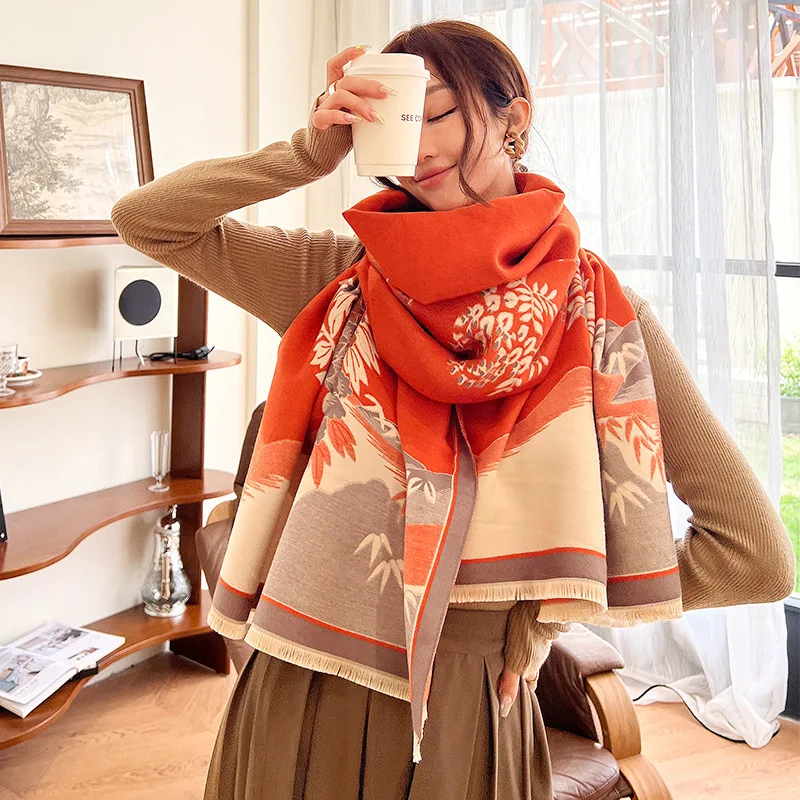 Faux Cashmere Scarf Winter Warm Shawl Women Girl Fashion Flower Stole for Lady 180*65cm