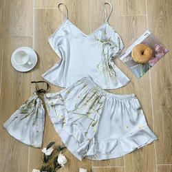 Elegant Floral Print Cami Top & Ruffle Hem Shorts Pajama Set - Women's Sleepwear Loungewear - S (GRAY)