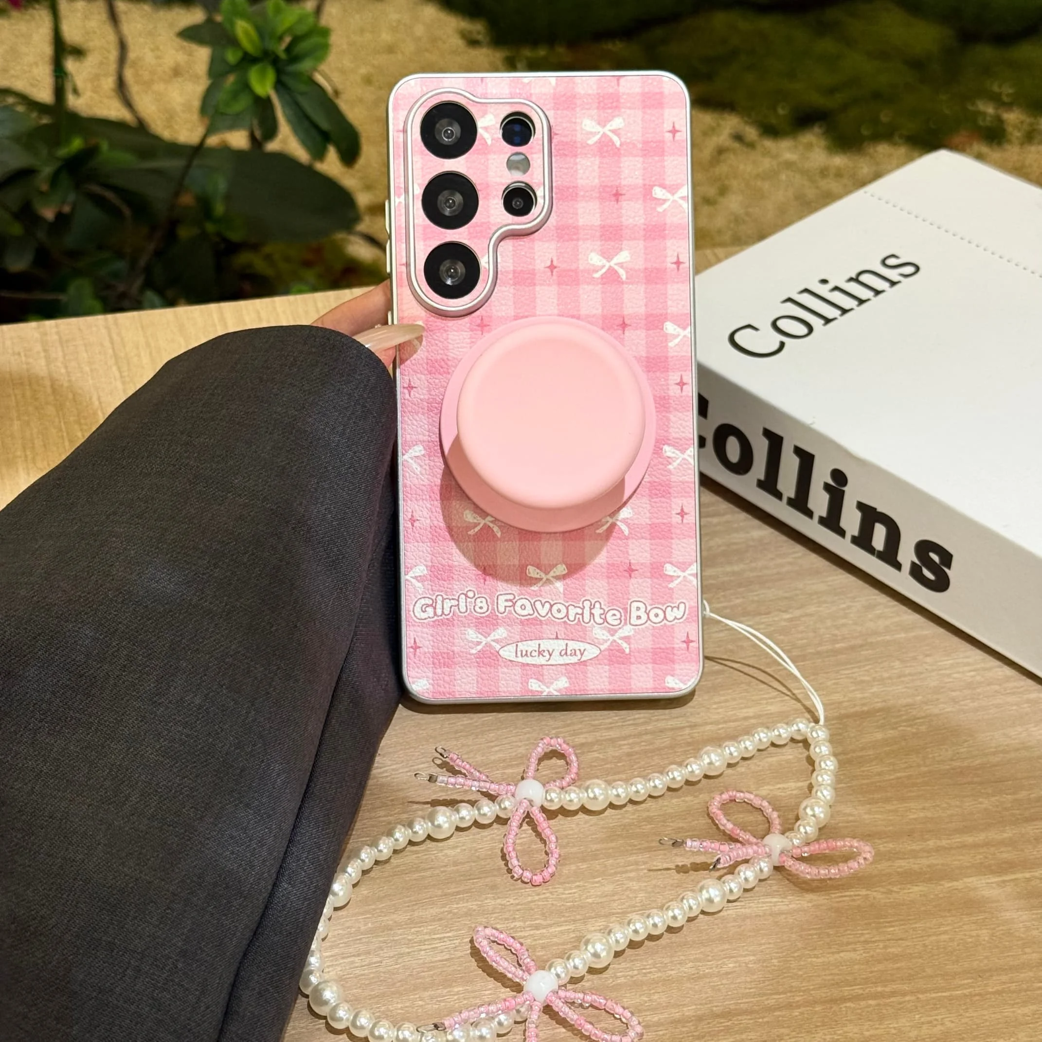 Korean Cute Bow Pink Grid Magnetic Phone Case with Holder Cover