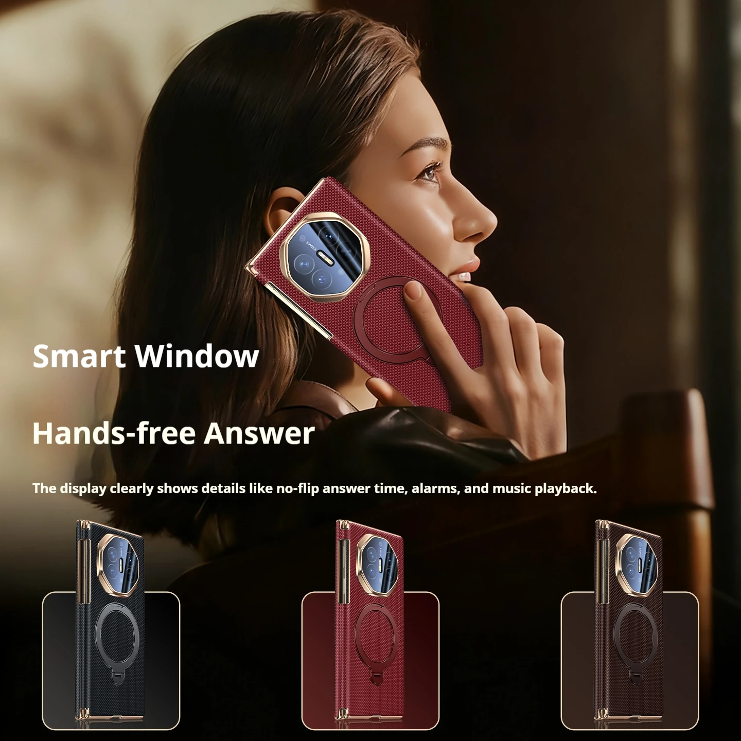 High-End Cowhide Leather Folding Smart Flip Phone Case with Rotating Bracket