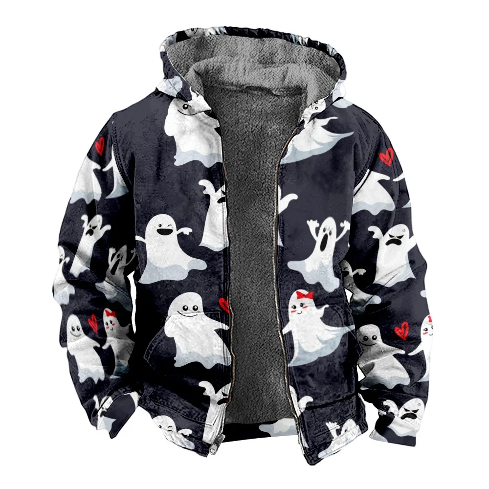 

New Halloween Cute Ghost Cotton Coat Hooded Sweater Casual Print Long Sleeve Zipper Sweater Thick Cotton Coat Winter