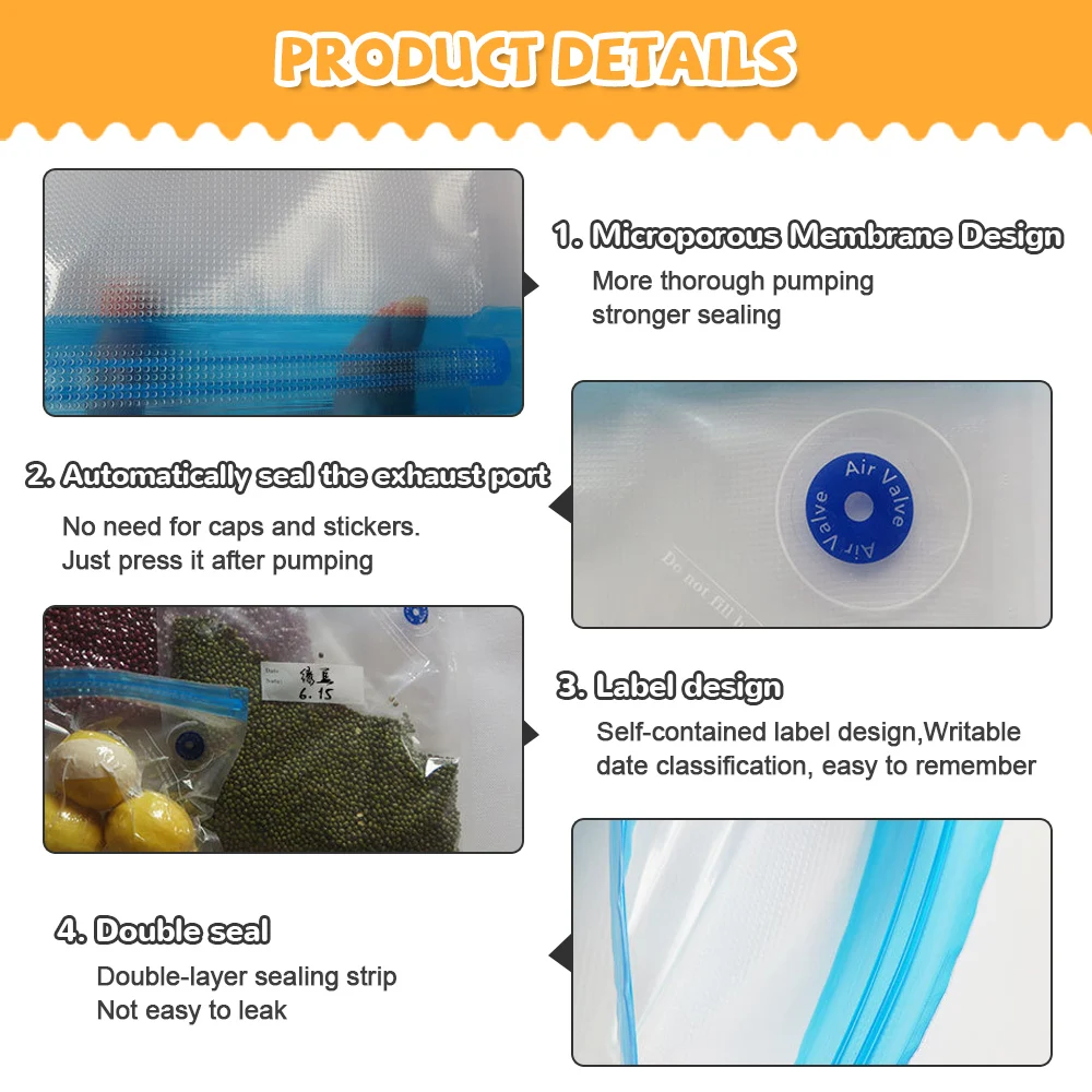 1/5/6/11PCS Food Storage Plastic Bag Moistureproof Food Fresher Bag Sealing Bag Reusable Manual Pump Vacuum Sealer Sous Vide Bag
