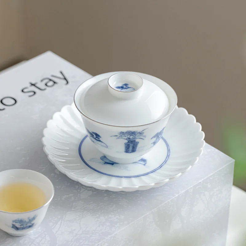 Sweet White Cover Bowl White Porcelain Sancai Cover Bowl Ceramic Kung Fu Tea Set Gaiwan Tea
