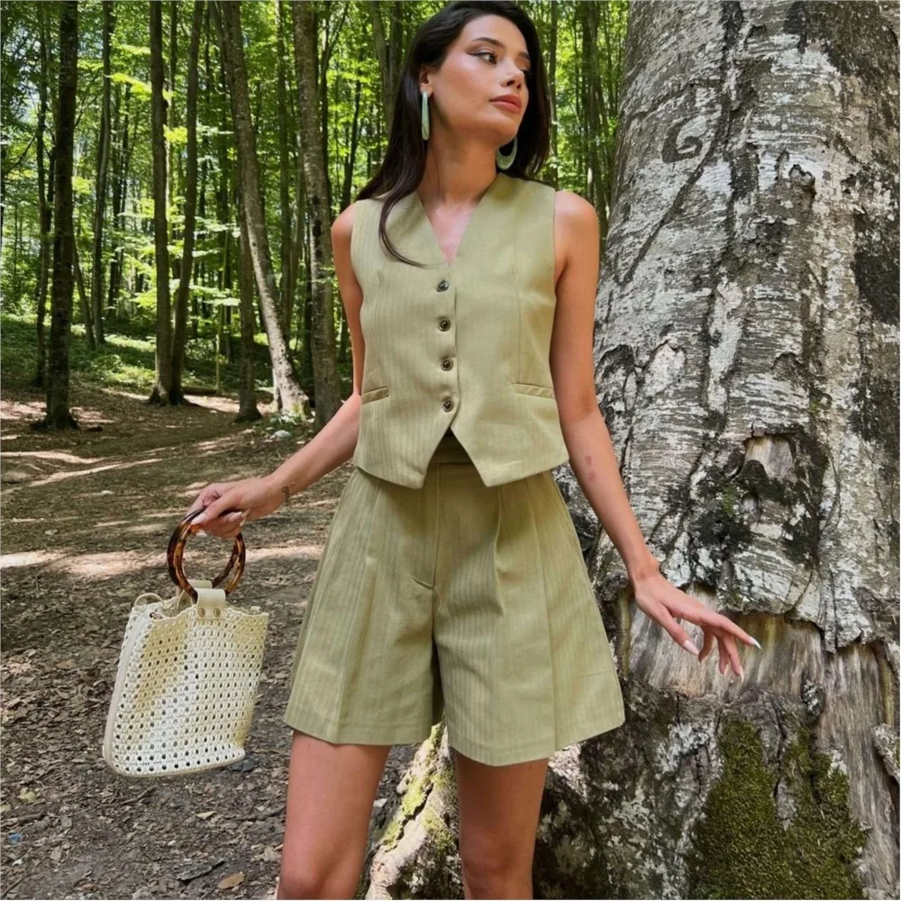 MESCHUNEY TRAF Waistcoat Shorts Set V Neck Vest Blazer Top+High Waist Slim Shorts Women Suits 2024 Summer Vintage 2 Piece Sets
