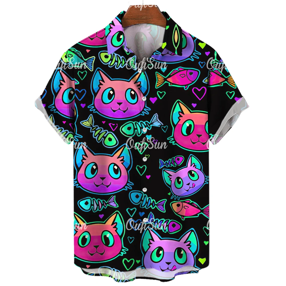 Camisa hawaiana de manga corta con solapa 3d para hombre, camisa informal de Anime de dibujos animados, gato Animal Retro de ropa de calle, verano, 2023