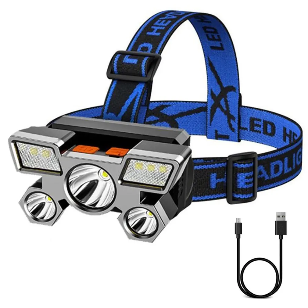 Led Five Head Headlight Strong Light lampada frontale Super luminosa lampada da pesca ricaricabile USB torcia elettrica da miniera montata sulla testa a lungo raggio