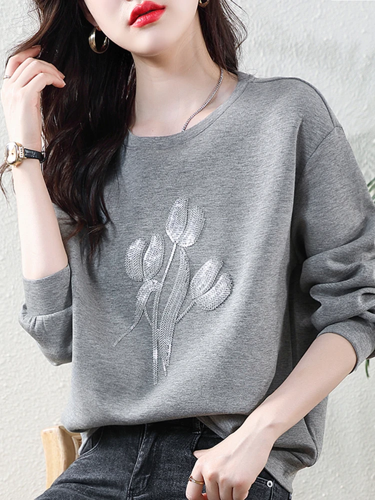 Vintage Chic Grey Sequins Sweatshirts Women Spring Autumn Long Sleeve Loose Casual O-Neck Pullovers Jumper 2024 New Tops Trendy