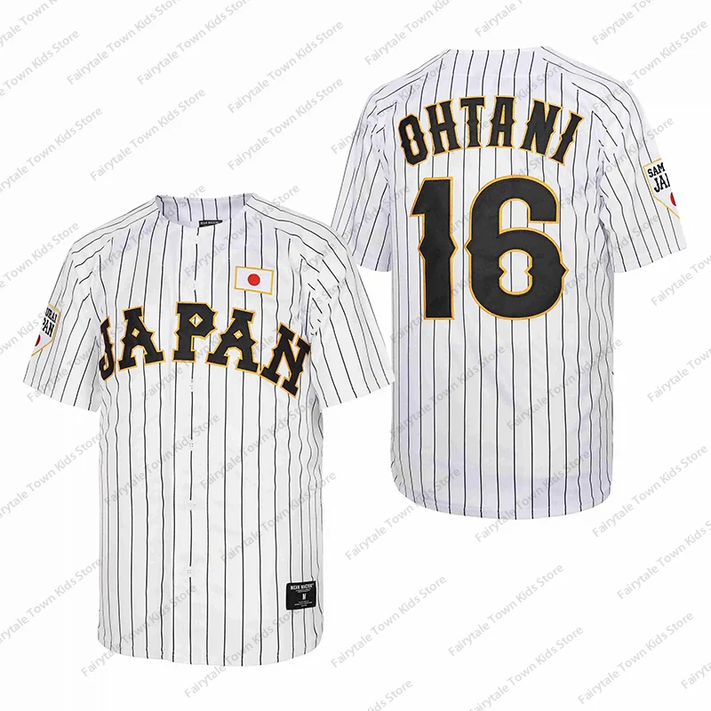 새로운 Arriavl 화이트 블랙 스트라이프 야구 저지 일본 16 OHTANI 유니폼 고품질 스포츠 야외 훈련 유니폼 어린이/성인