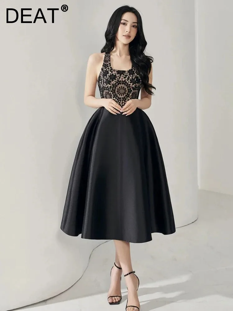 

DEAT Elegant Dress Sleeveless Lace Crochet Patchwork A-line Pleated Women's Evening Party Dresses 2024 Summer New Fashion 35Z488