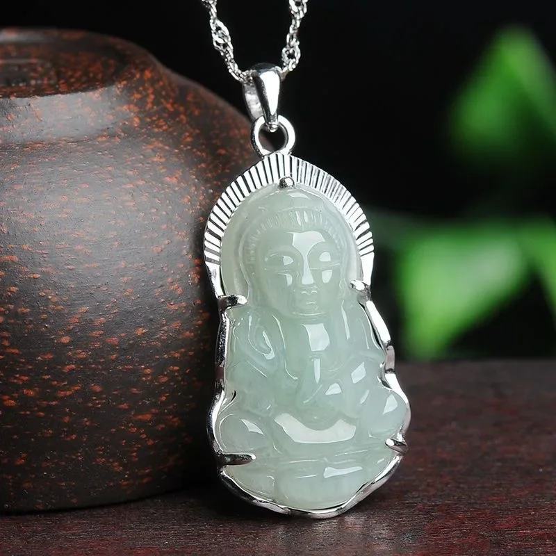 

Hot Selling Natural Handcarve Jade Inlaid Guanyin Buddha Necklace Pendant Fashion Jewelry Accessories Men Women Luck Gifts