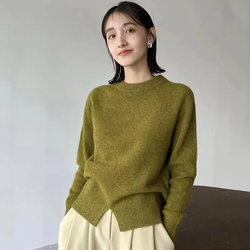 CLANE Women 100% Wool Sweater for Autumn and Winder Round Collar with Extra  Long Folded Sleeves Wool Knit Sweater
