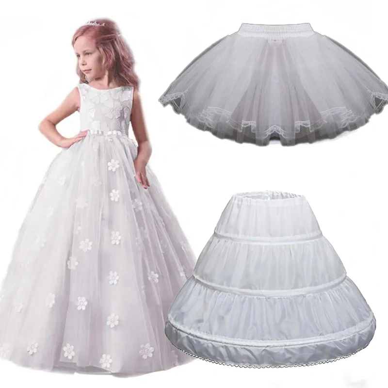 White Children kids Petticoat A-Line 3 Hoops One Layer Flower Girls Crinoline Lace Trim Flower Girl Dress Underskirt