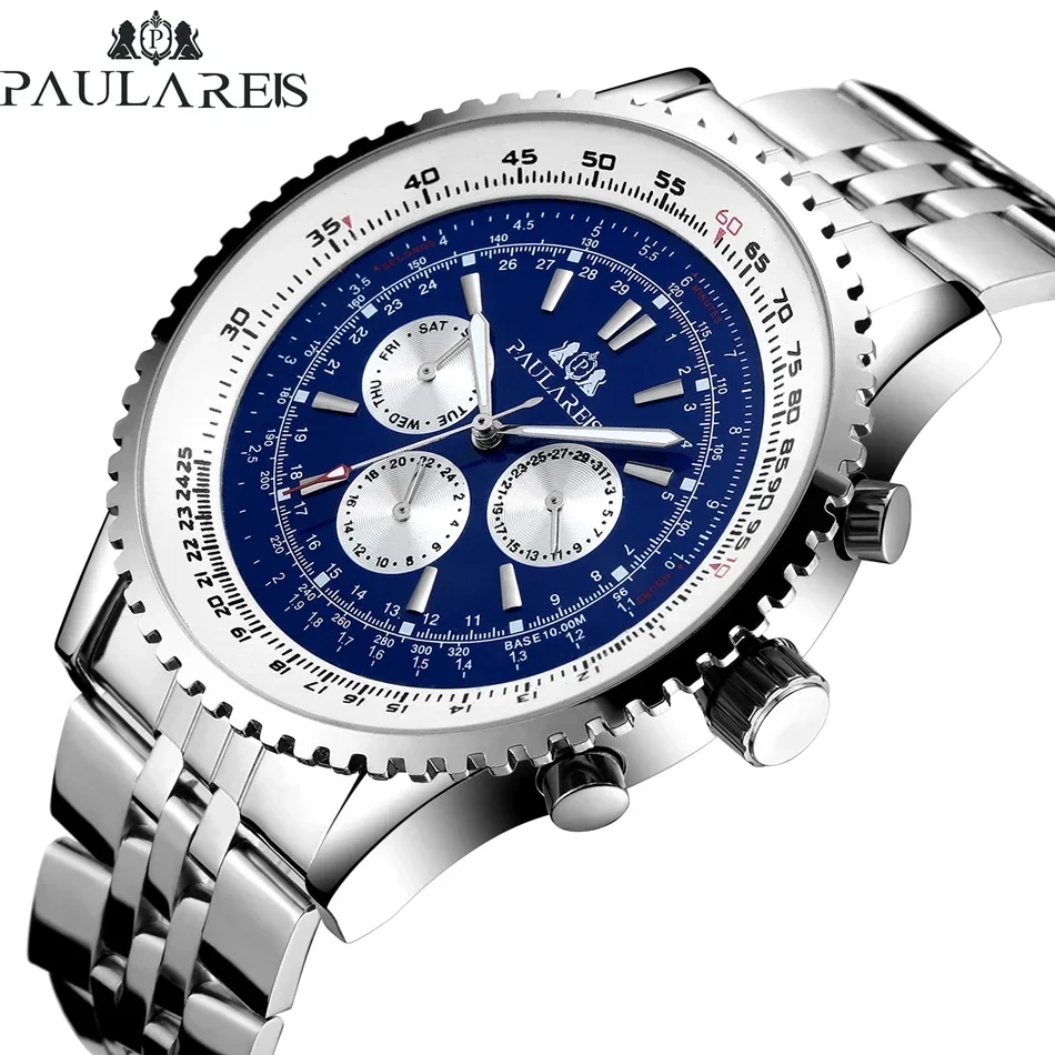 Automatic Watches for Men Mechanical Self Wind Leather Fashion Sports Blue Black White Big 50mm Classic Reloj Hombre Baratos - 2