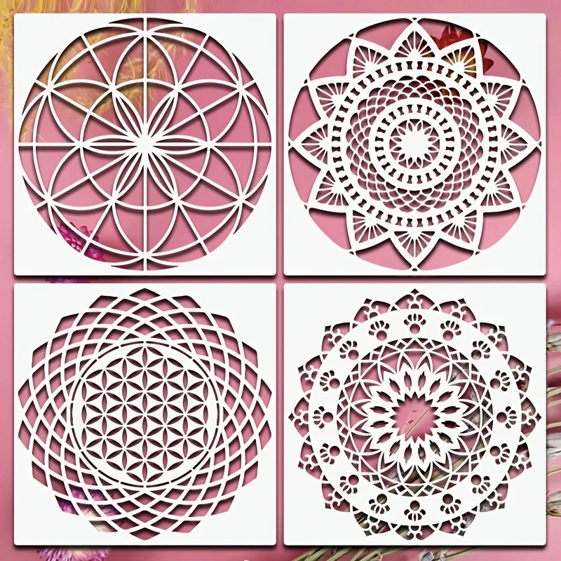 4개입 11.8 x 11.8인치 만다라 스텐실, DIY 벽 캔버스, 패브릭, 가구 장 기하학적 꽃무늬 템플릿 페인팅용