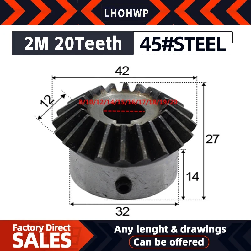 

1pcs Bevel Gear 2M 20Teeth Inner Hole 8/10/12/14/15/16/17/18/19/20 mm Gear 90 Degrees Mmeshing Angle Steel Gears Screw Hole M5