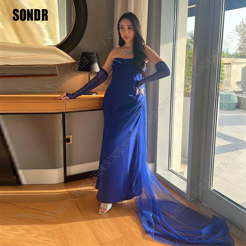 

SONDR Blue Sheath Saudi Arabia Evening Dresses One Sleeve Pleats Satin Dubai Formal Prom Dress Floor Length Party Gown