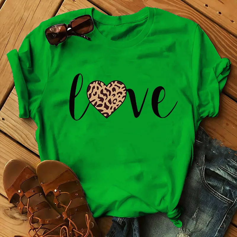 Leopard Love Print Women T Shirt Short Sleeve O Neck Loose Women Tshirt Ladies Fashion Tee Shirt Tops Clothes Camisetas Mujer
