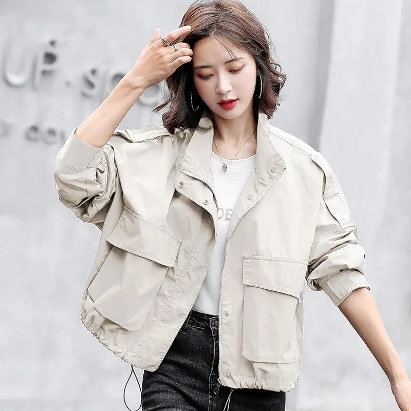 

Fashion Loose Spring Autumn Short Stand Collar Jacket Large Pocket Coat Casual Jacket Top Fashion 2023 New Long Sleeve Outwear