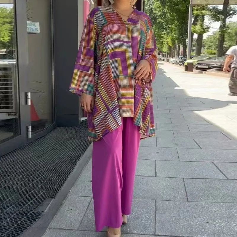 

Female V Neck Long Sleeve Tops Blouse+Wide Leg Pants Sets Autumn Casual Pattern Print 2 Piece Suit Fashion Street Loose Outfits