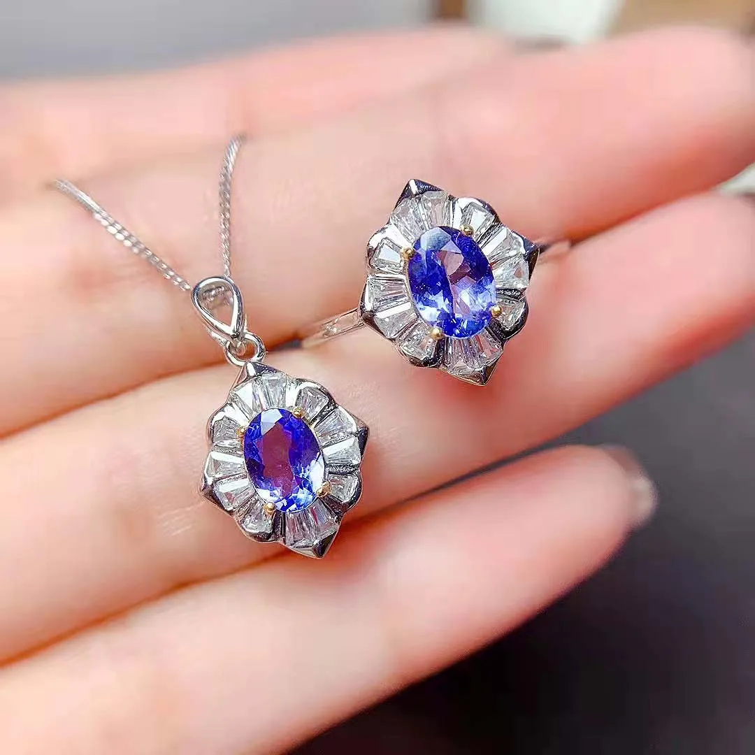 

Natural Tanzanite Ring Pendant Necklace Set S925 Sterling Silver Fashion Fine Weddings Jewelry For Women Free Shipping MeiBaPJFS