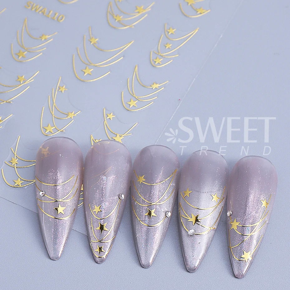 2pcs Metallic Star Line Nail Stickers Holographic Gold Silver Stripes French Line Nail Decals Sliders DIY Manicure Decoration