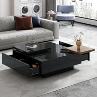 Movable Coffee Table Square High Gloss Surface, with 4 Hidden Storage Drawers Square Center Furniture for Living Room, Black 1