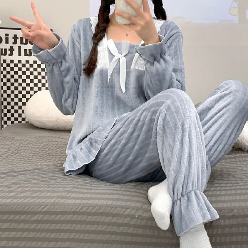 Women Pajamas Sets Winter Flannel Sleepwear Velvet Pyjama 2 Pieces Heart Print Pjs Warm Pijamas Mujer Female Loungewear Homewear