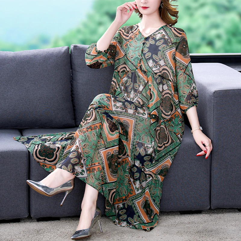 

Spring Summer Print Rayon Silk V-Neck Midi Dress Women Korean Vintage Casual Loose Waist Dress 2023 Elegant Short Sleeve Vestido