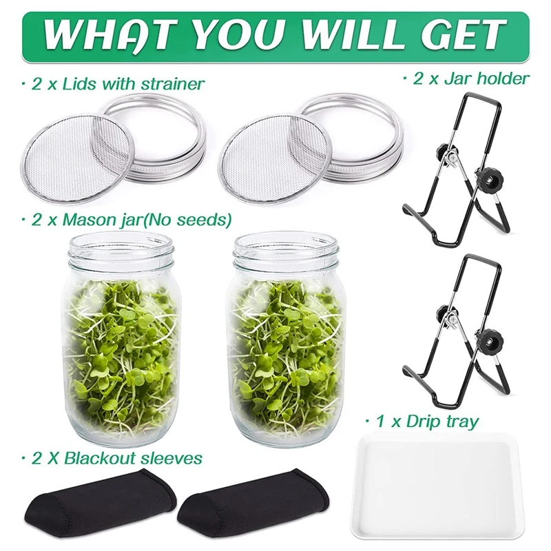 Seed Sprouting Jar Kit With 2 Wide Mouth Mason Jars Bean Sprouts Growing Kit Growing Jar With Mesh Screen Lids 4