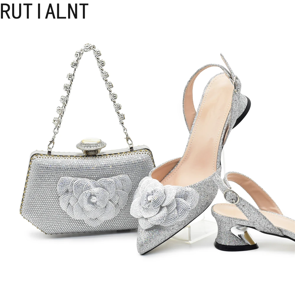 Chic and Elegant Woman Shoes and Bag with Rhinestone Shoe and Bag Set for Party in Women Nigerian Elegant Heeled Shoes for Women