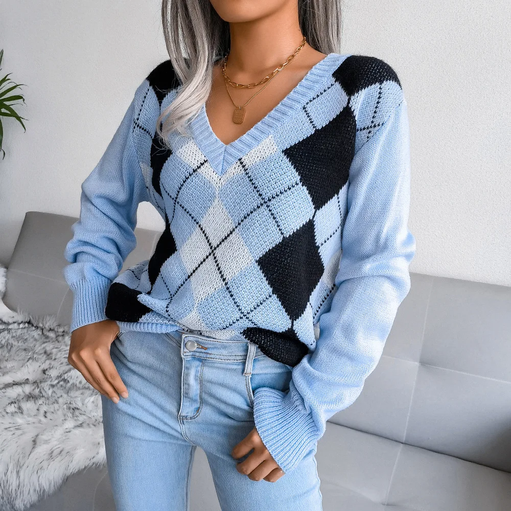

Casual Loose Sweetheart Girls' Knitted Pullover Top 2023 Autumn/Winter New College Style Diamond Sweater Mujer Women Clothing