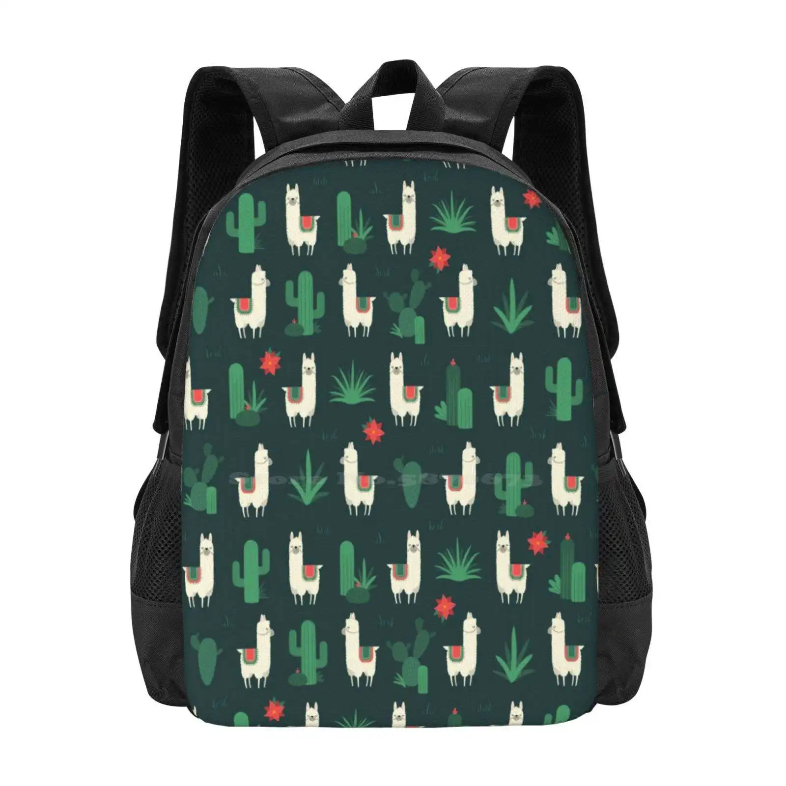 

Fleece Navidad & Cactus Pattern Design Bagpack School Bags Pattern Alpaca Cactus Christmas Xmas Holiday Cute Animal Succulent