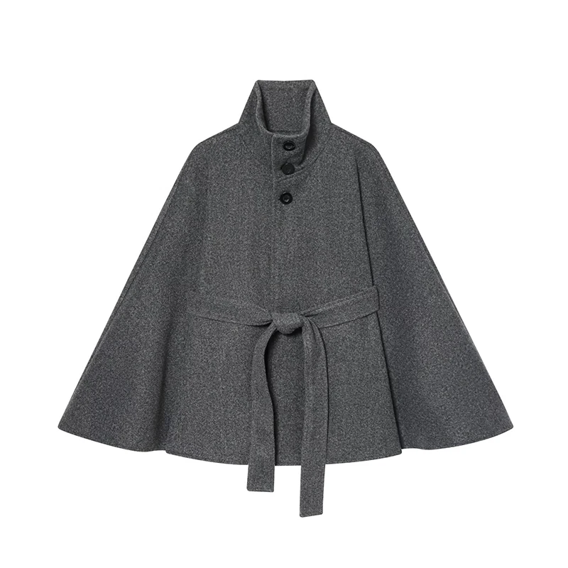 Women's Poncho Coats Vintage High Neck Cape Style Jacket Coat Long Sleeve With Belt Female Autumn Winter New Cloak Outerwear ﻿ ﻿