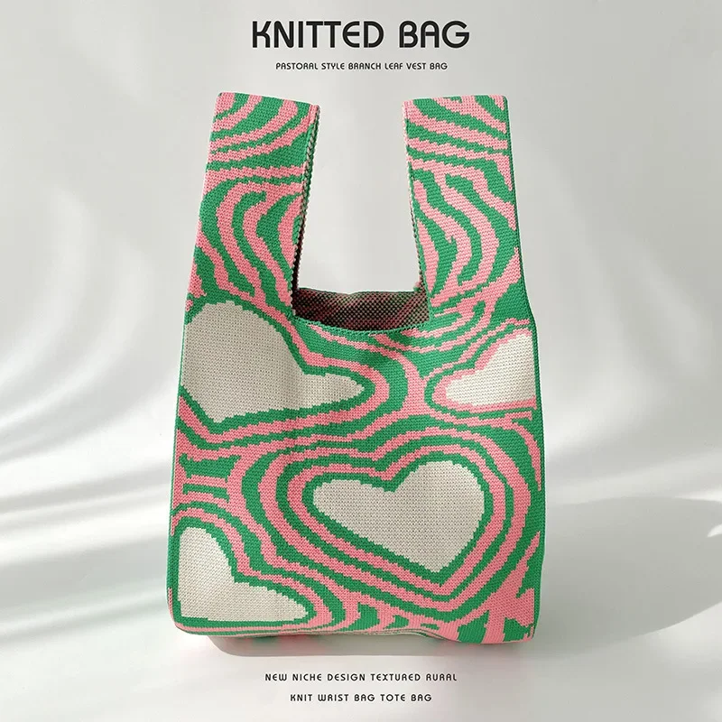T-shirt bag, vest bag, trendy knit, contrasting heart, one-shoulder tote, handbag, versatile, large-capacity tote bag