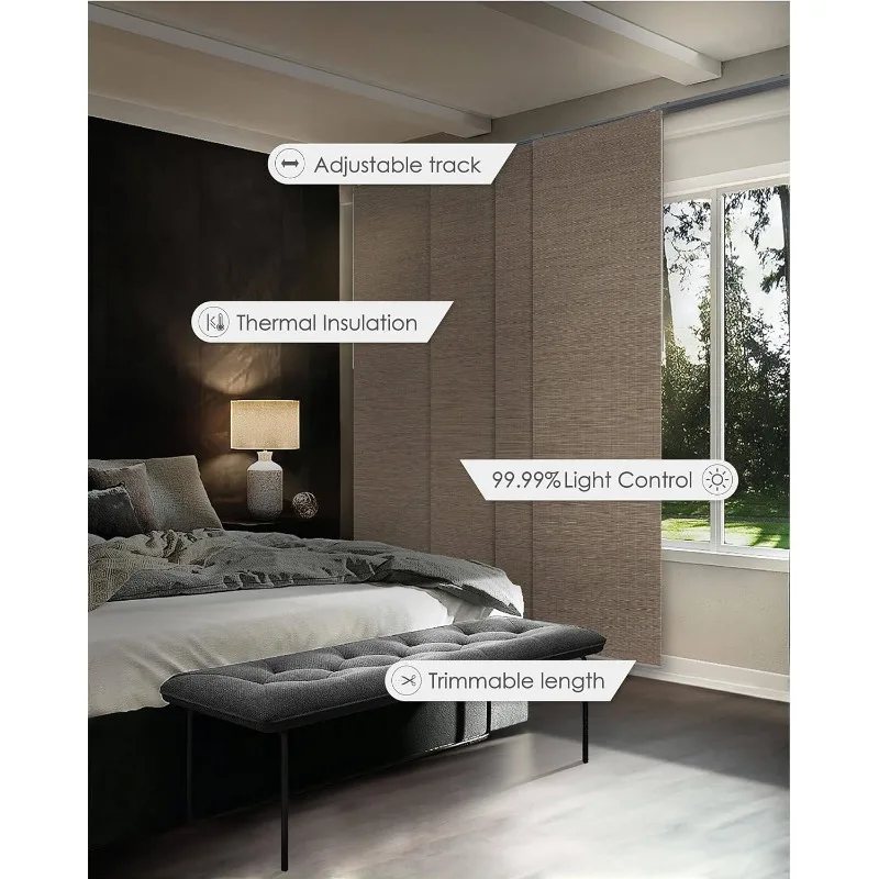 GoDear Design 99.99% Blackout Adjustable Sliding Panel Track Blinds forTrimmable Natural Woven Panel, Bali Cottages 3