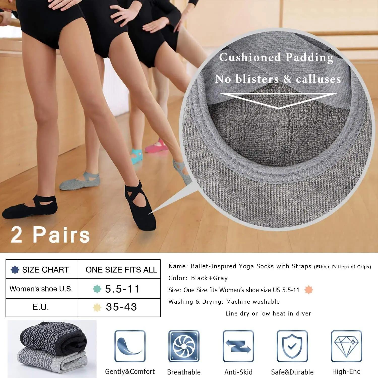 Women's Non-Slip Grip Socks for Yoga, Pilates, Dance, and Fitness Workouts