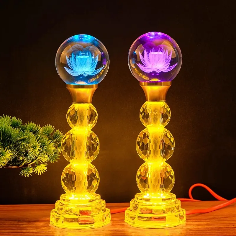 USB Buddhist Altar Light Color Changing Crystal Lotus Lamp， Electric Puja Lamp with 7 Colors, Home Meditation Decor