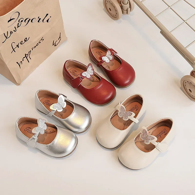 Spring Autumn Kids Girls Butterfly Small PU Leather Shoes New Soft-soled Princess Shoes Children's Loafer Flats