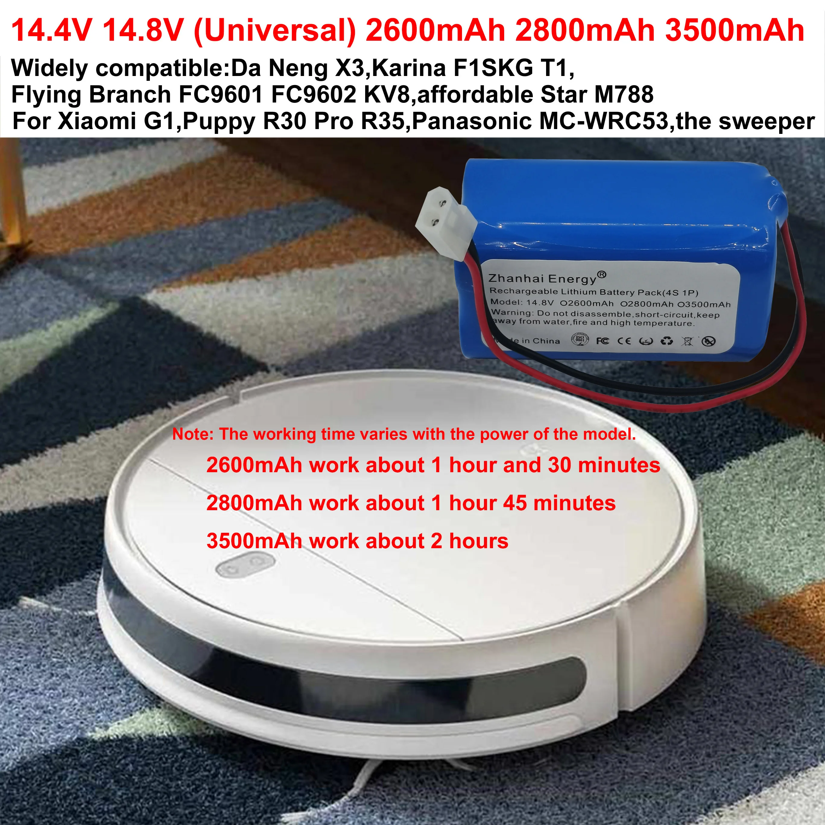 14.4V 14.8V 3500mAh 2800mAh 2600mAh Li-Ion Cylindrical Rechargeable Battery Pack For Sweeping Robot Xiaomi G1 Panasonic MC-WRC53