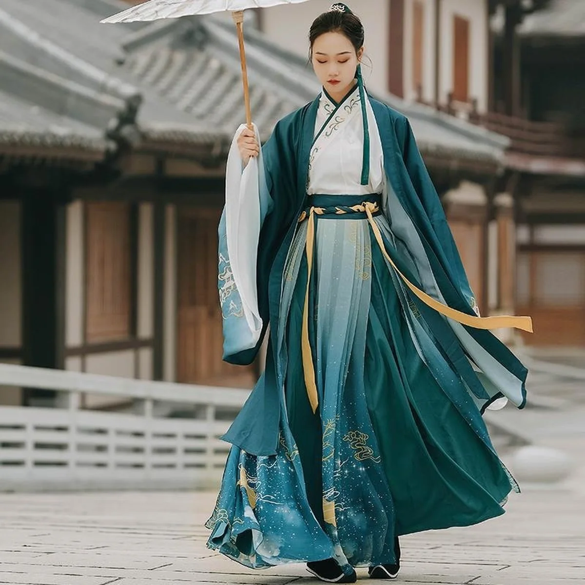

Hanfu Men's and Women's Same Style Embroidered Large-sleeve Cross-collar Waist-length Skirt Daily Summer Chinese Traditional