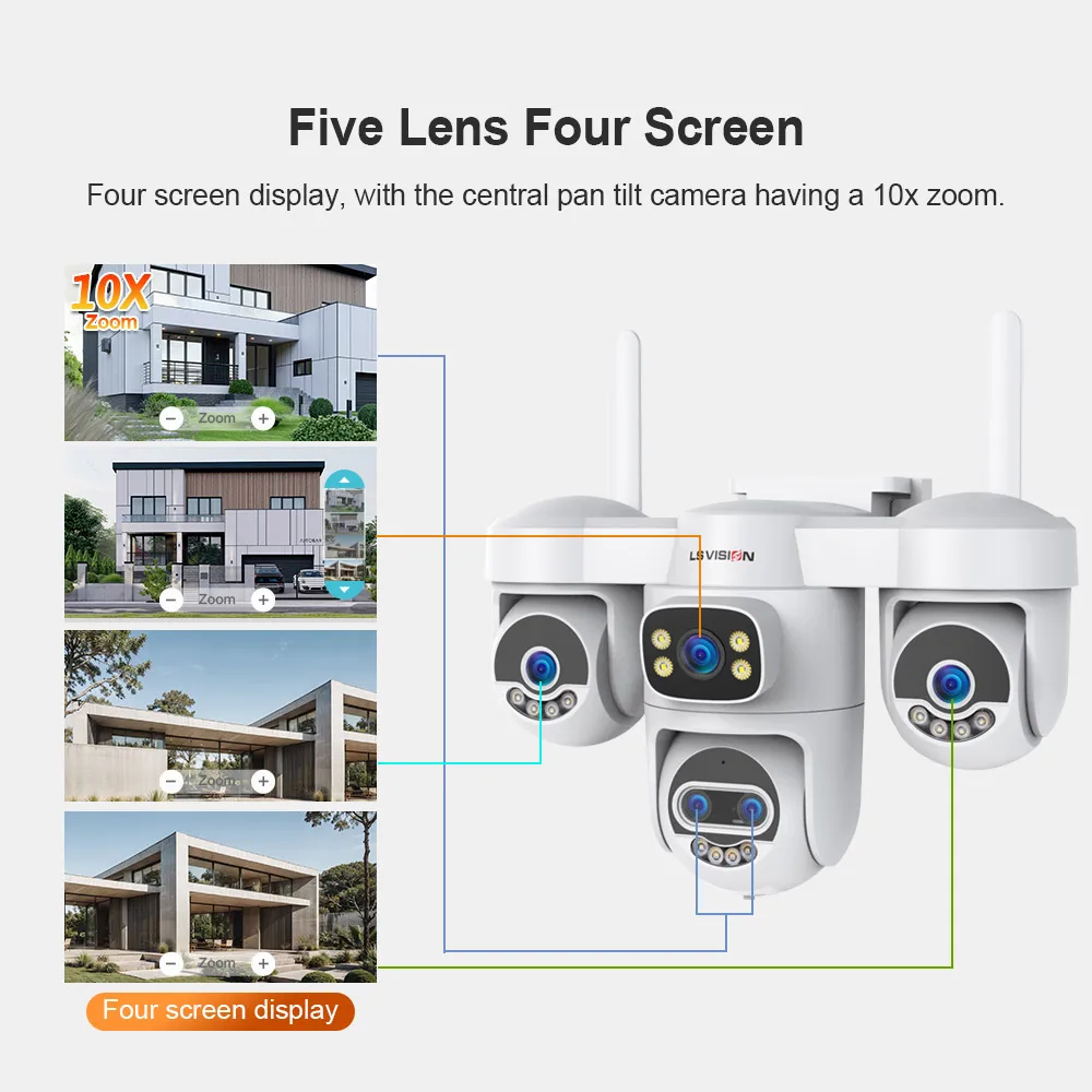 LS VISION 20MP Outdoors Wifi Camera 3/4 Screens Security 2.4/5G PTZ IP Camera 10X Optical Zoom Human Ai Auto Tracking PC Client 2