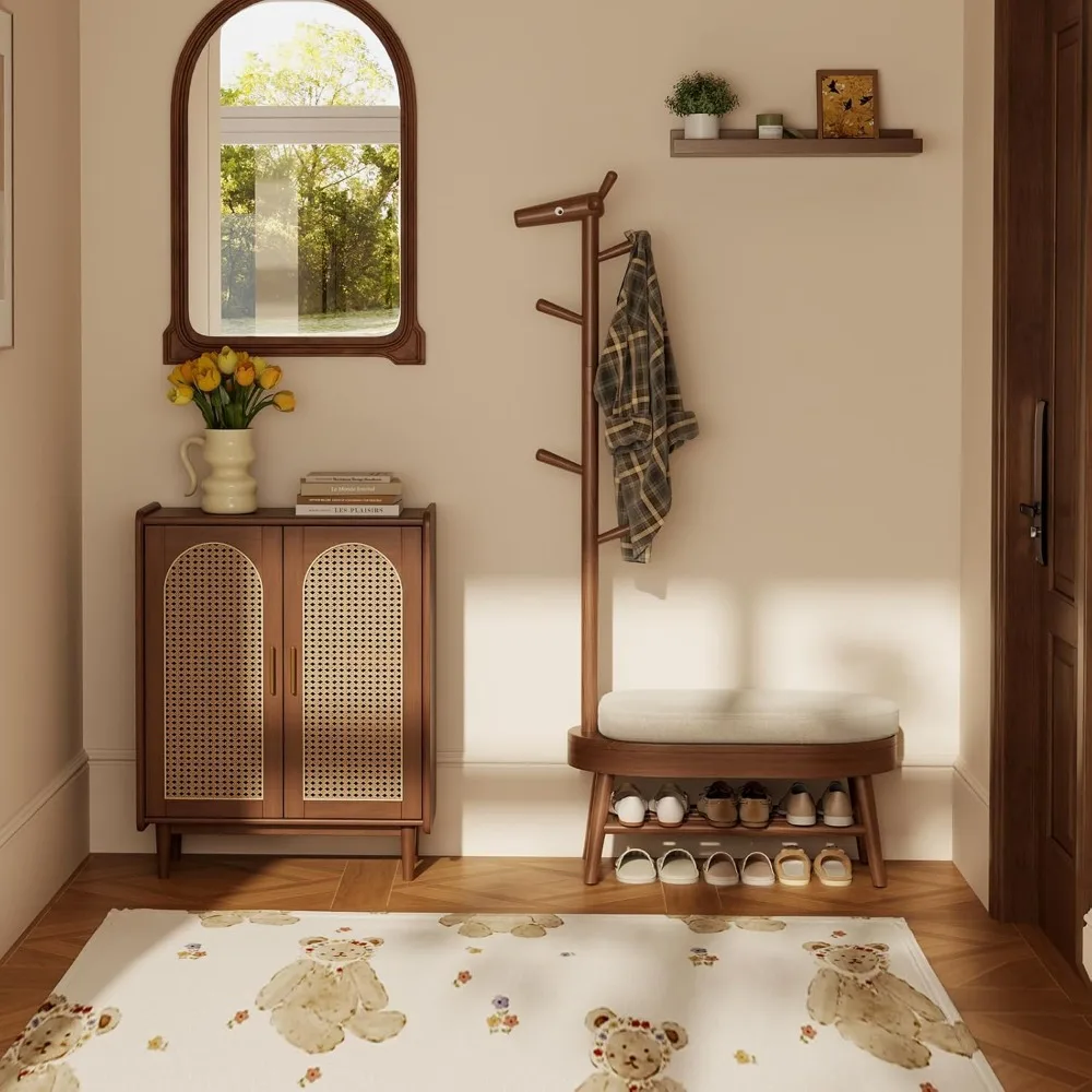 shoe bench entryway, coat rack with storage, coat rack and shoe rack, wooden narrow bench（walnut）