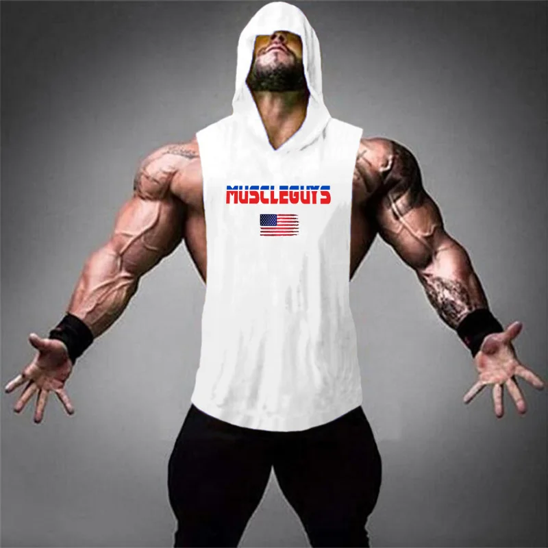 

Muscle Fitness Gym Breathable Clothing Mens Casual Fashion Hooded Loose Tank Tops Summer Cotton Sleeveless Cool Feeling T-Shirt