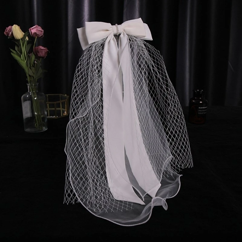

45cm Bridal Layered Veil with Ribbon Bowknot Wedding Celebrations Tulle Marriage Bridal Wedding Party Photography Veil