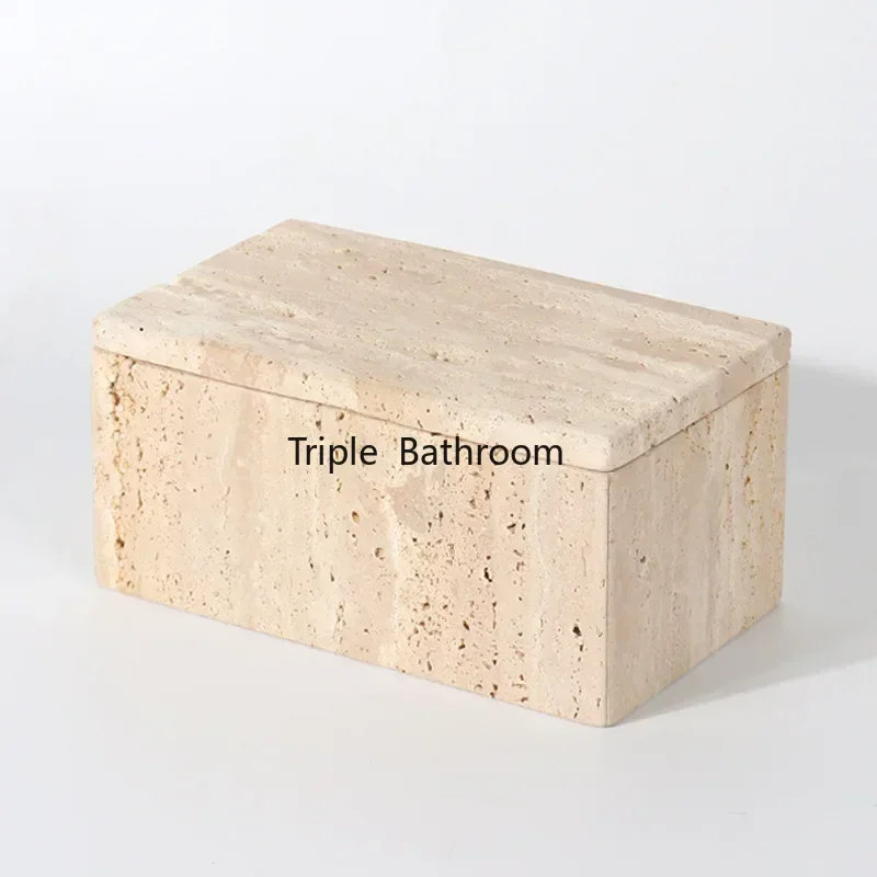 Decorative Travertine Storage Box for Jewelry Natural marble powder Bathroom Vanity Organizer Canister for Cotton Swabs 4