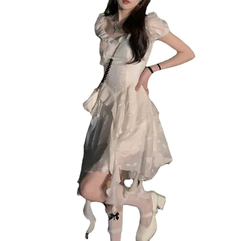 

Chiffon Y2k Mini Dress for Women Summer Office Lady Casual Short Sleeve Elegant Slim irregular Dress Korean Fashion Clothing