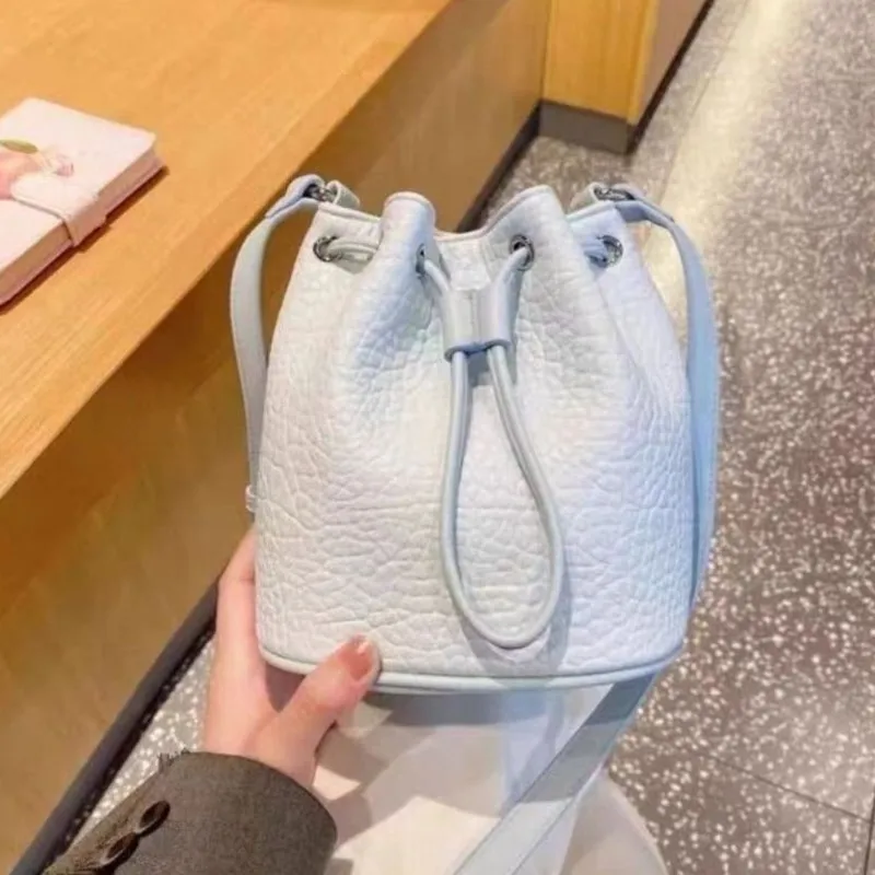 Sweet Cute Blue Drawstring Bucket Handbag Women Faux Lychee Pattern Leather Large Capacity Shoulder Bag Ladies Sle Crossbody Bag